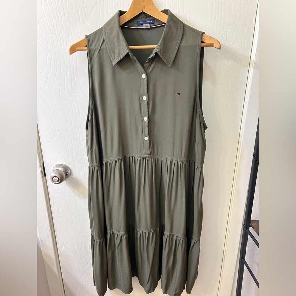 Tommy Hilfiger Olive Green Button Tiered Tank Dress, 100% Viscose, Size 14